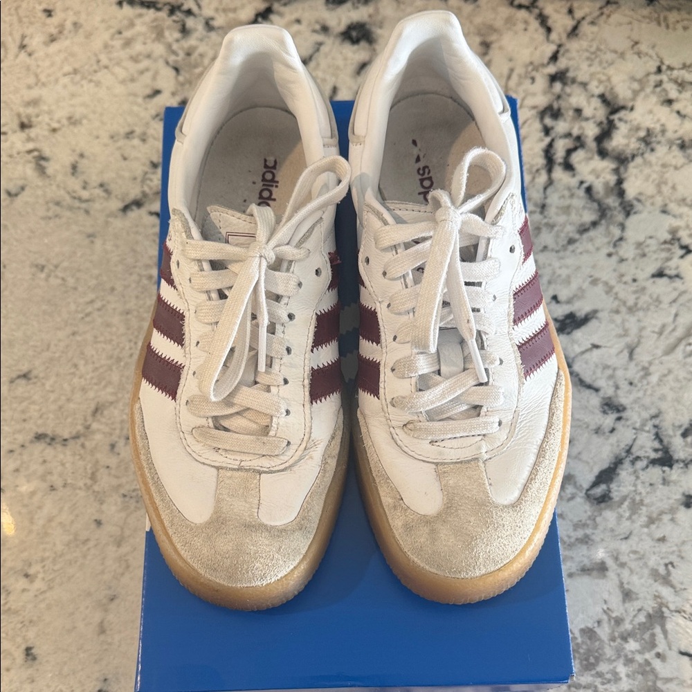 Women’s Adidas White Sneakers with Maroon Stripes